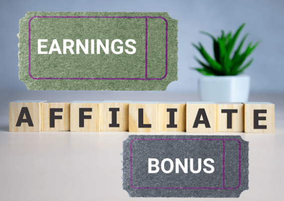 Wooden blocks spelling “AFFILIATE” with tickets labeled “EARNINGS” and “BONUS,” representing the concept of an igaming-affiliate earning through commission and rewards.