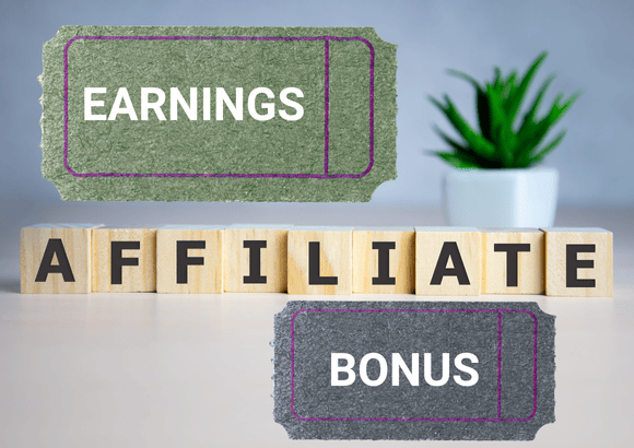 Wooden blocks spelling “AFFILIATE” with tickets labeled “EARNINGS” and “BONUS,” representing the concept of an igaming-affiliate earning through commission and rewards.